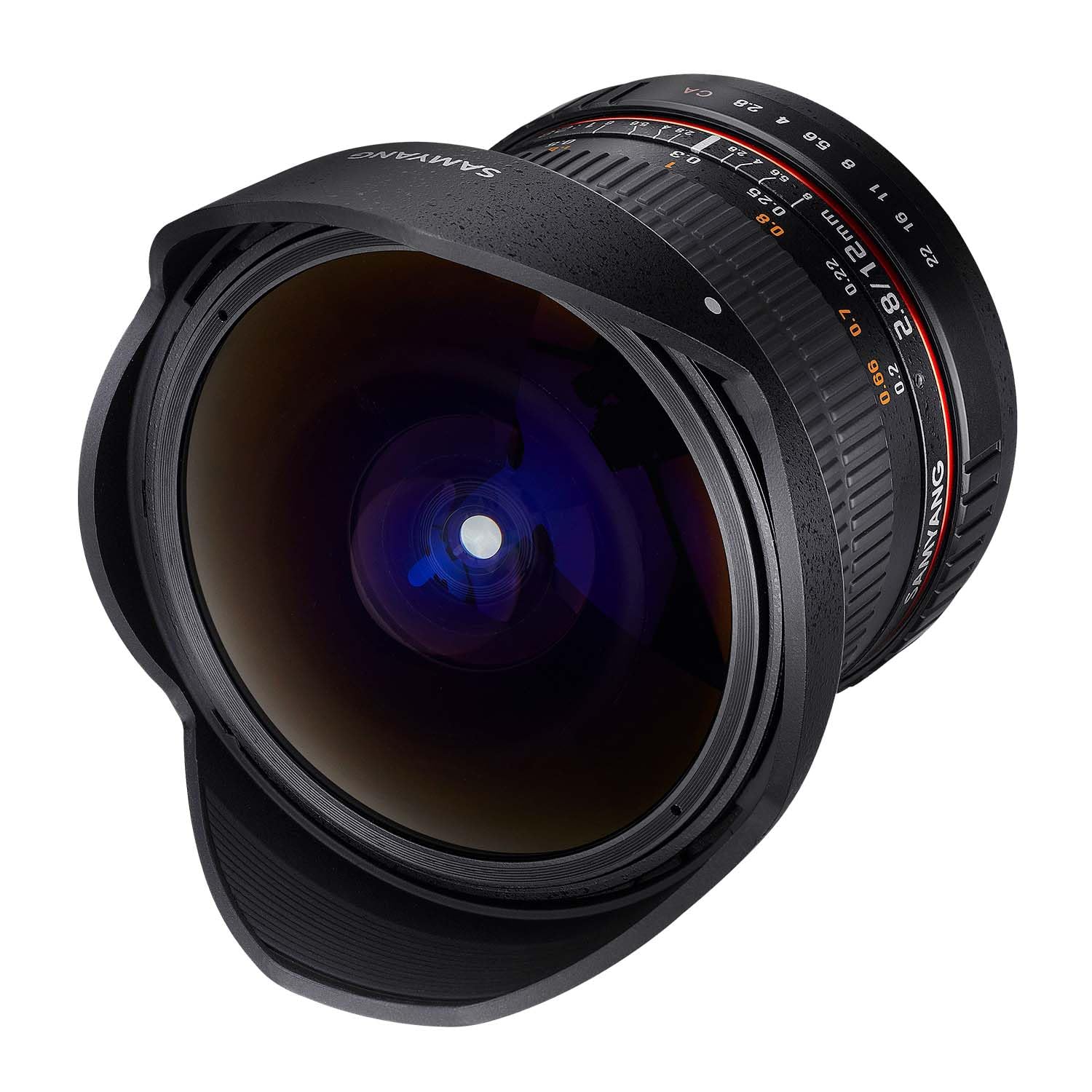 Samyang 12/2,8 Objektiv Fisheye DSLR Nikon F AE manueller Fokus automatischer Blendenring Fotoobjektiv, Superweitwinkel schwarz