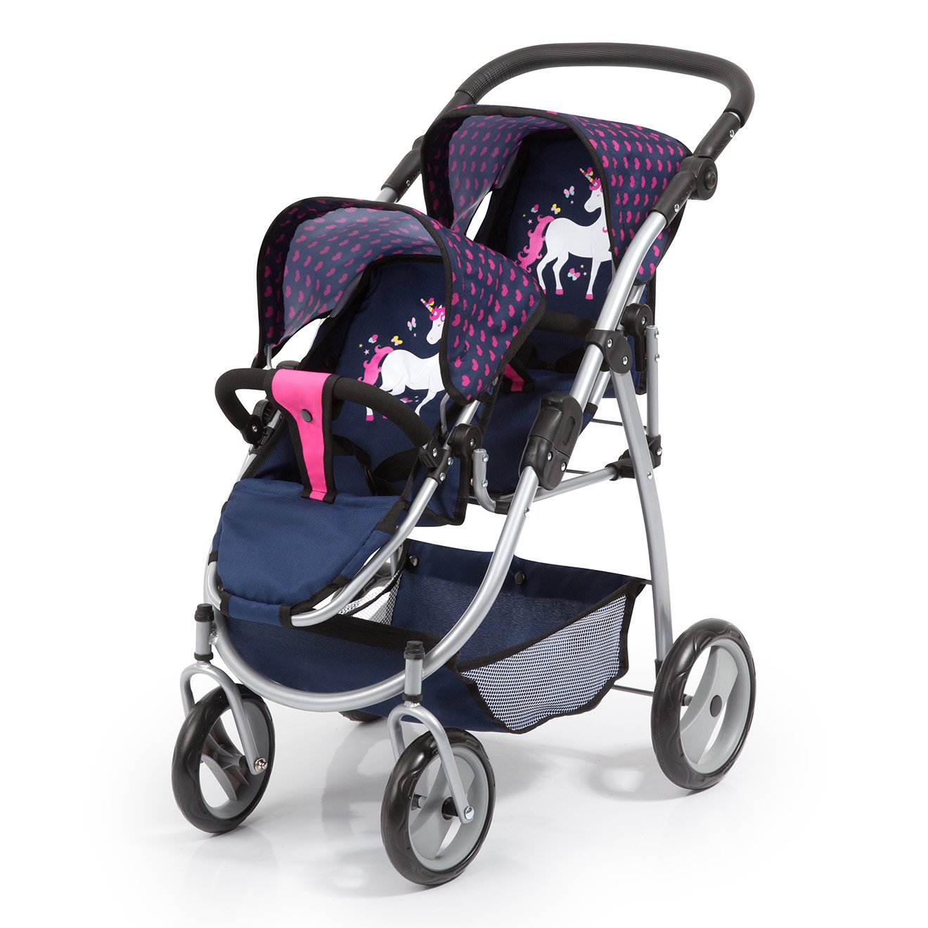 Bayer Design 26554AA Zwillingspuppenwagen für Puppen, modern, höhenverstellbarer Griff, zusammenklappbar, mit Einhorn Motiv, blau pink, 46 cm