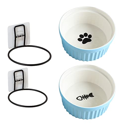 Erhöhter Keramiknapf für Katzen, an der Wand montiert, erhöhter Futternapf für Haustiere, 2 Stück für Hunde, Wasserständer, Futterstation für Katzen, mit Eisengestell mit Nagelfreier Paste, abnehmbar