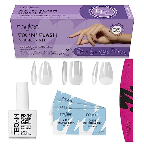 Mylee Fix N Flash Soft Gel Tips Shorts Kit, 3 Formen, 216 Stück, Mandel, Quadrat & Sarg, inklusive Gel, Prep Wipes & Halbmond-Nagelfeile, Full Cover, Nail Art Gel Nagelverlängerungen