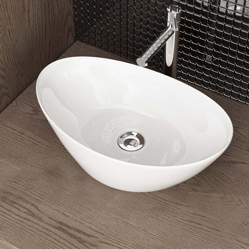 waschbecken24 | Aufsatzwaschbecken | Ovales Waschbecken ohne Hahnloch | Premium-Qualität | Einfache Installation | Modernes Design (45x28x15cm, Weiß / A689)