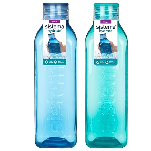 Sistema Square Water Bottle 1L | BPA-Free Water Bottle | Seal Tight Lid | Easy Grip Sides | Recyclable with TerraCycle®| Ocean Blue & Minty Teal | 2 Stück