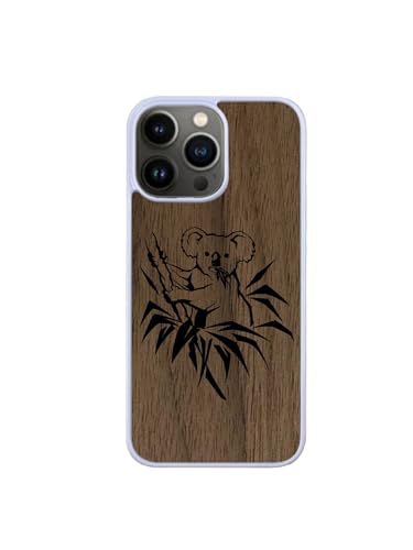 Enowood Schutzhülle aus Holz, für iPhone, handgefertigt, Weiß – Koala – iPhone 13 – Walnuss