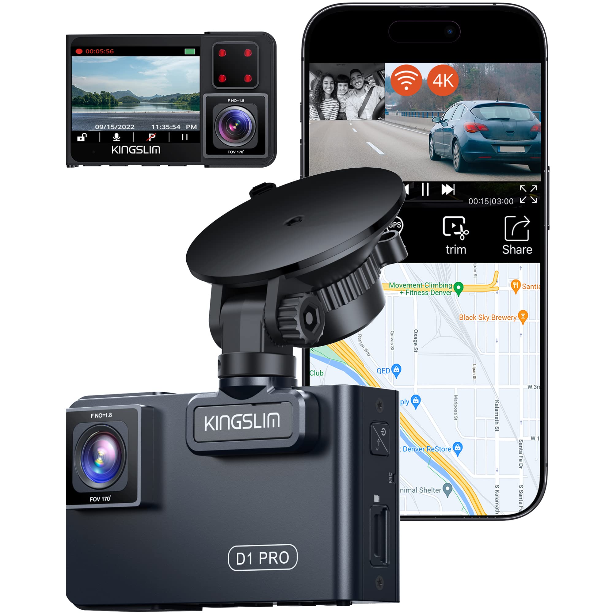 Kingslim D1 pro 4K Dashcam mit GPS WiFi– Dual Autokamera Vorne Innen 1080P Infrarot Nachtsicht, 170° Weitwinkelobjektiv, Parküberwachung und G-Sensor, Max 128 GB