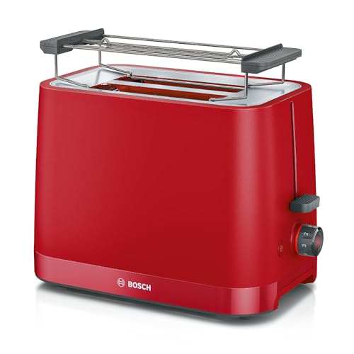 Bosch Kompakt Toaster MyMoment TAT3M124, 950 W, entnehmbarer klappbarer Brötchenaufsatz, mit Auftaufunktion, Brotzentrierung, Auto-Off, Rot matt