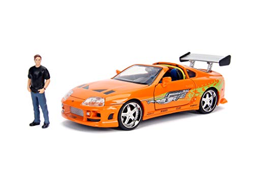 Jada Toys Fast & Furious Brian's 1995 Toyota Supra, Auto, Tuning-Modell, Maßstab 1:24, mit Spoiler, zu öffnende Türen, Motorhaube und Kofferraum, abnehmbares Dach, inkl. Brian O'Conner Figur, orange