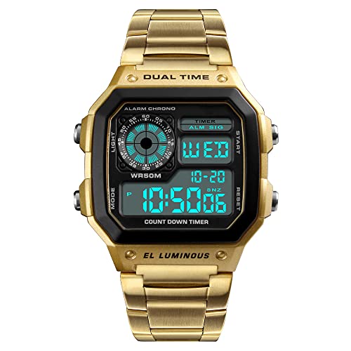 FeiWen Unisex Fashion Digitale Uhren 50M Wasserdicht Outdoor Militär Multifunktional Sport Plastik Armbanduhren mit Edelstahlband LED Doppelte Zeit Countdown, Gold