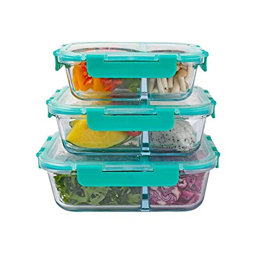 TP Food Storage Container Set with Lid and Clip Closure, 6-Piece Thermal Glass Containers, Heat and Cold Resistant, Casserole Dish and Lunch Box, Airtight and Leak-Proof