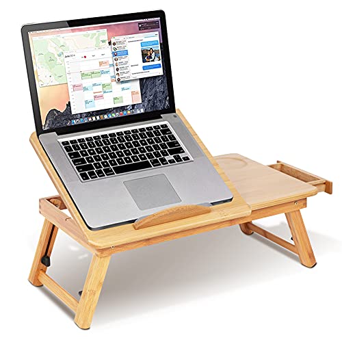 Cerlingwee Bett-Schoß-Schreibtisch Notebook-Computer-Sofa-Tisch Klapplaptop-Tisch Bambus, 100% höhenverstellbarer Laptoptisch mit Lüftungslöchern mit Schublade, Betttisch zum Lesen oder Frühstück,