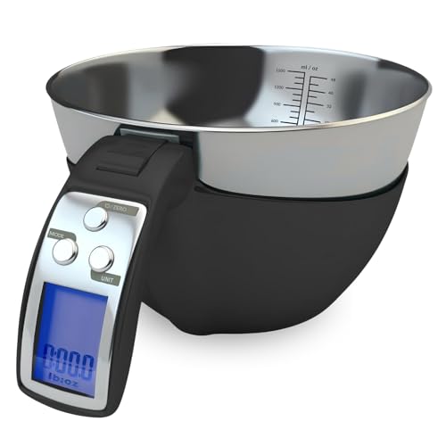 Fradel Digitale Küchenwaage mit Schüssel (abnehmbar) und Messbecher – Edelstahl, Hintergrundbeleuchtung, 5 kg Kapazität – Kochen, Backen, Fitnessstudio, Diät – präzise Messung (schwarz)