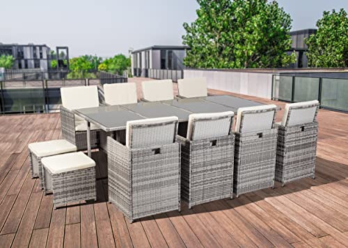 Ribelli 13-teiliges Gartenmöbel Set, Lounge Set, Kissen - aus PE-Rattan - Tisch Plus acht Stühle und Vier Hocker praktisch zu verstauen, Farbe:grau/Cream