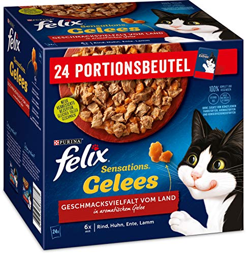 Felix Katzennassfutter Sensations Gelees Geschmacksvielfalt vom Land , 4er Pack (4 x 24 x 85g) Portionsbeutel