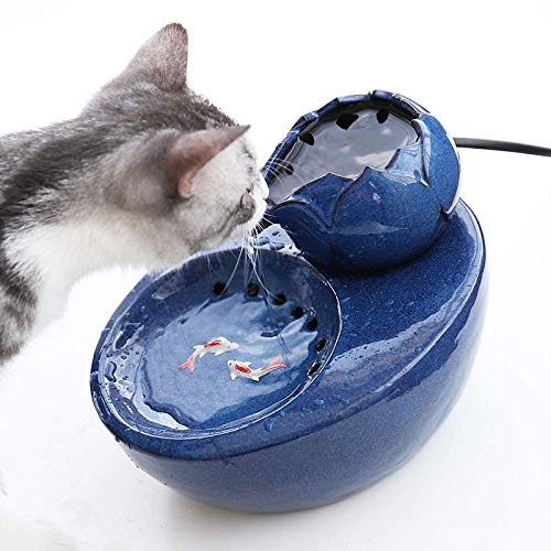 Flyinghedwig Keramikbrunnen für Katzen, sehr leiser Wasserfilter Aktivkohlefilter Verstellbar kleine Springbrunnen für Haustiere Leichter Wasserspender (Blau)