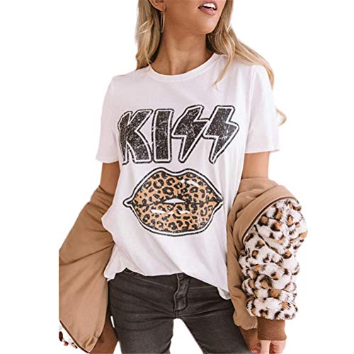 Damen T-Shirt mit Leopardenmuster, Lippen, Kuss, Buchstabendruck, Rundhalsausschnitt, lässig, kurzärmelig Gr. M, weiß