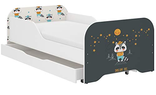 iGlobal Kinderbett Jugendbett Miki mit Lattenrost und Matratze, eine Unterbett-Schublade mit Rollen, Rausfallschutz 70x140 80x160 (140 x 70 cm, Badger)