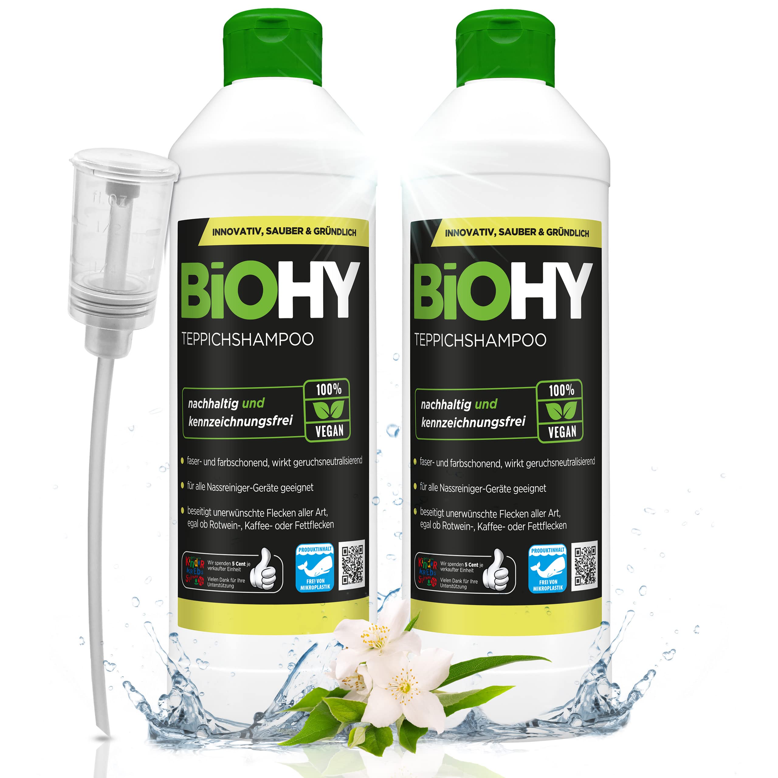 BiOHY Teppichshampoo (2 x 500ml) + Dosierer | Teppichreiniger Konzentrat | ideal gegen hartnäckige Flecken | materialschonend & tierfreundlich | effektives Bio Mittel | kraftvoller Teppich Schaum