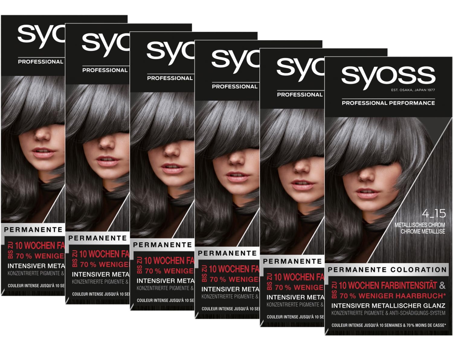 Syoss Color Haarfarbe 4_15 Metallisches Chrom (6x 115 ml), permanente Coloration für bis zu 10 Wochen Farbintensität und 70% weniger Haarbruch*