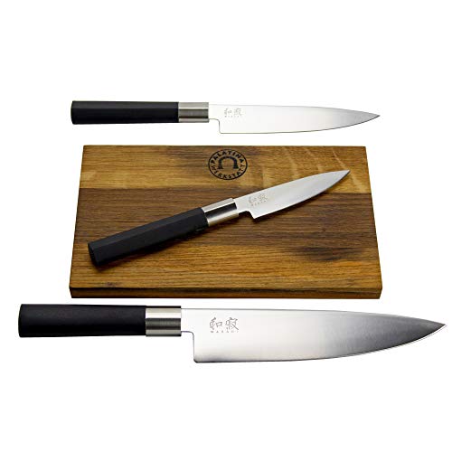 Kai Wasabi Black Messerset 67-W18 | 3 ultrascharfe Officemesser/Allzweckmesser/Kochmesser | + handgefertigtes Schneidebrett aus Fassholz, 25x15 cm | VK: 167,- €