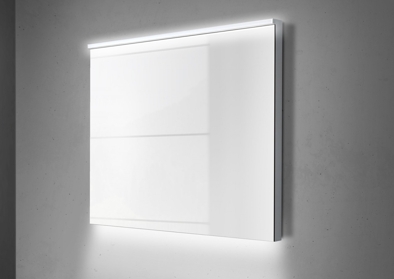 Glaswaschtisch 90 cm Badmöbel grifflos Unterschrank mit LED Lichtspiegel, weiß hochglanz Beton Anthrazit 5