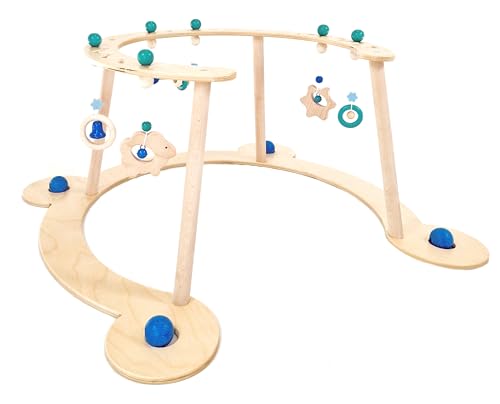 Hess Holzspielzeug 13393 - Lauflerngerät und Spielbogen, Serie Schäfchen, Blau, Babyspielgerät mit vielen bunten Spielelementen, aus Buchenholz