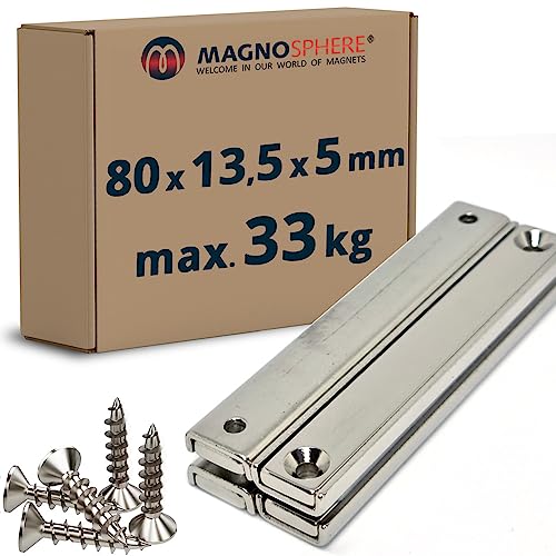 4 Stück - Magnetleiste starker Magnethalter 80 x 13,5 x 5mm, Neodym Magnet extra stark mit Senkbohrung, starker Halt, für Büro, Haushalt oder Werkstatt - hält 33 kg