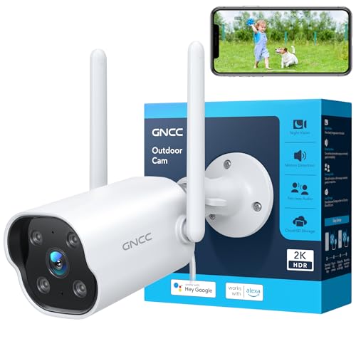 GNCC 2K Überwachungskamera Aussen 2.4G WiFi Kamera Verdrahtete CCTV Kamera mit Nachtsicht, 24/7 Aufzeichnung, Bewegungserkennungsalarm, Zwei-Wege-Audio, IP65 Wasserdicht, Arbeit mit Alexa T1pro