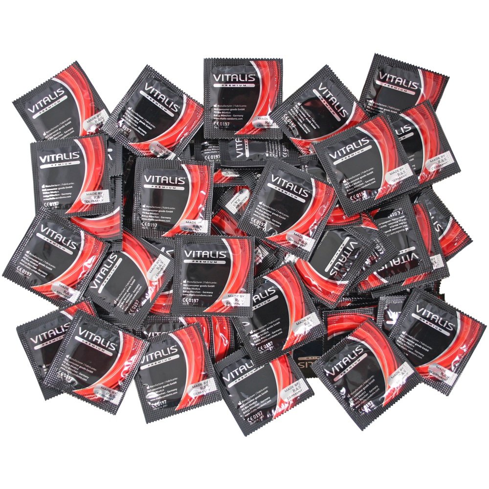 VITALIS 100 Kondome Pack mit Erdbeeraroma I Nennbreite 53 mm I Gefühlsechte farbige Kondome I 100 Premium Kondome aromatisiert mit Erdbeerduft I Hauchzarte Kondome für Männer