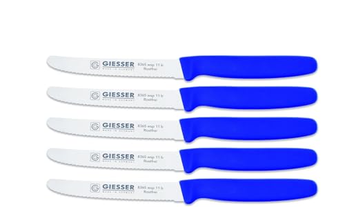 Giesser Messer Tomatenmesser Brötchenmesser Tafelmesser 11cm mit Wellenschliff 3mm - 5er Set (Blau)