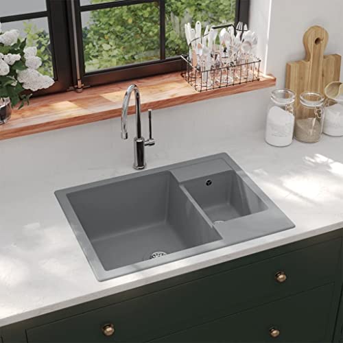 Küchenspüle mit Überlaufloch Doppelbecken Grau Granit
