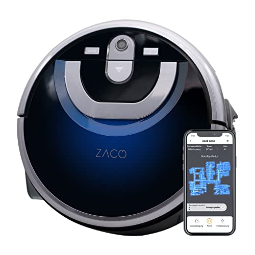 ZACO W450 Wischroboter mit extra Frisch- und Schmutzwassertank (Neuheit 2021), bis 80 Min. Nass wischen, Nass-Saugroboter für ca. 60 qm Fläche, Kamera Navigation, App & Alexa Steuerung, Midnight Blue
