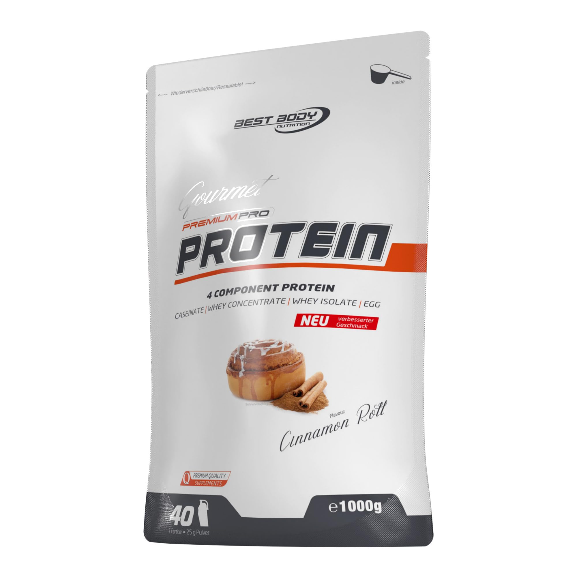 Best Body Nutrition Gourmet Premium Pro Protein, Cinnamon Roll, 4 Komponenten Protein Shake: Caseinat, Whey Konzentrat, Whey Isolat, Eiprotein, 1 kg Zipp Beutel