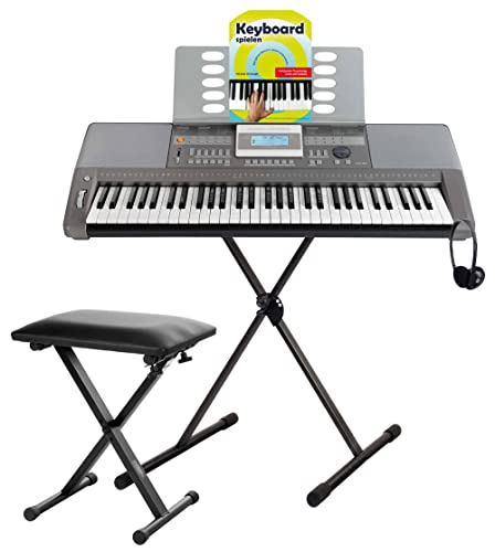 Classic Cantabile CPK-303 Keyboard Deluxe Set - 61 Tasten mit Anschlagdynamik - 508 Klänge und 180 Begleitrhythmen -inkl. Ständer, Bank, Tasche, Kopfhörer und Keyboardschule - grau