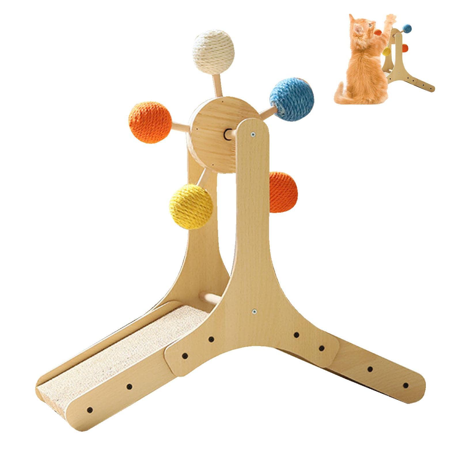 Kratzbaum Ballspielzeug für Katze, Katzenkratzspielzeug mit Natursisal und Holz Katzenkratzzeug mit Ball, Laufrad ohne Papierschrott Interaktives Massivholz-Kratzer-Spielzeug für