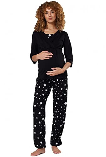 HAPPY MAMA. Damen Umstandspyjama Stillfunktion Stillschlafanzug 3/4 Ärmeln. 060p (Schwarz & Schwarz mit Sternen, 36, S)