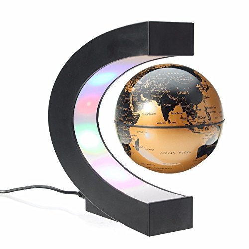 SUAVER Magnet Globus, C Form Schwimmende Kugel Floating Globen Weltkarte with LED Licht Weltkarte Anti Schwerkraft Karte für Teaching Office Schreibtisch Dekoration(Gold)