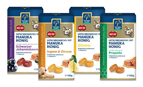 Manuka Health Honig Lutschbonbons, Mischkarton mit 4 Sorten, Schwarze Johannisbeere, Propolis, Zitrone, Ingwer & Zitrone (4 x 100 g)