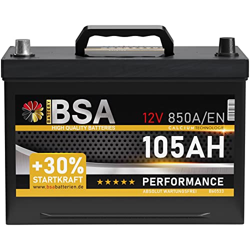 BSA ASIA Autobatterie 105Ah 12V 850A/EN ASIA Batterie Plus-Pol Links 30% mehr Startleistung ersetzt 95Ah 100Ah