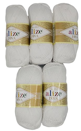 Alize 5 x 100 Gramm Wolle Diva Batik einfarbig, 500 Gramm merzerisierte Strickwolle Microfiber-Acryl (weiß 55)
