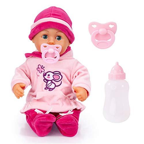 Bayer Design 93824BD Babypuppe First Words mit Schlafaugen, 24 Babylaute, 38 cm, pink, rosa mit Maus