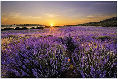 Wallario Garten-Poster Outdoor-Poster - Sonnenuntergang über dem Lavendel in Premiumqualität, Größe: 61 x 91,5 cm, für den Außeneinsatz geeignet