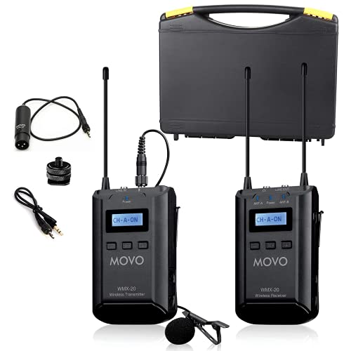 Movo WMX-20 48-Kanal-UHF-Drahtlos-Lavaliermikrofonsystem mit 1 Empfänger, 1 Sender und 1 Ansteckmikrofon, kompatibel mit DSLR-Kameras (100 m Audio-Reichweite)