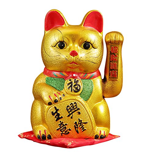Winkekatze Glückskatze aus Porzellan Feng Shui 9 inch goldfarben