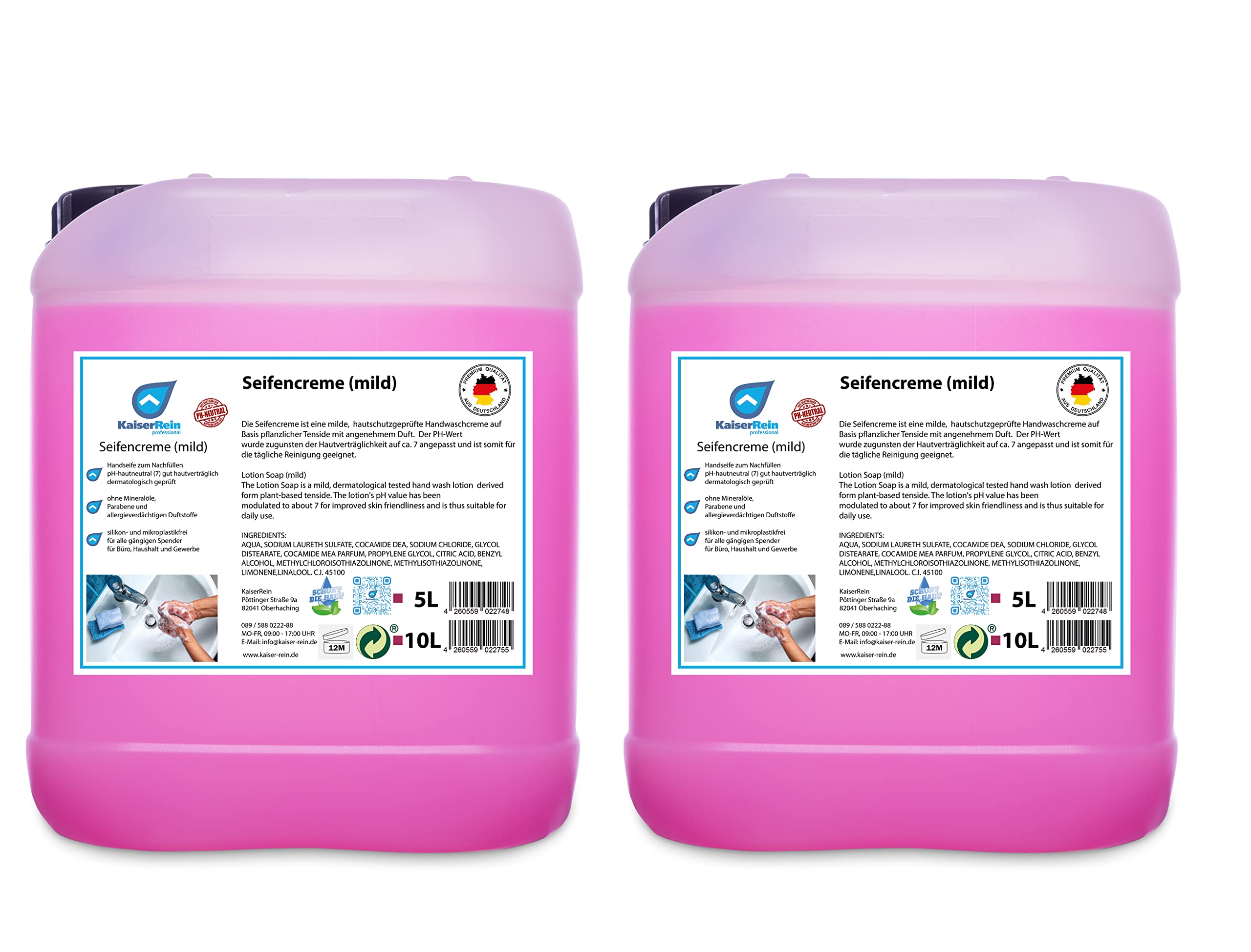 KaiserRein Seife 2x5 L Kanister Nachfüll-beutel Flüssig-seife ohne Mineralöle, Parabene und allergieverdächtigen Duftstoffe