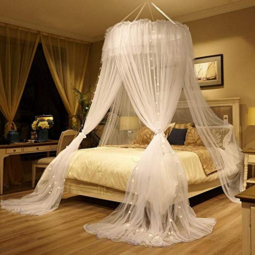 Romantische Kuppel Moskitonetz mit LED-Lichterkette, Prinzessin Bett Baldachin Moskito Schutz zum Single zu King Size Betten Ideal für Schlafzimmer Dekorativ-Weiß
