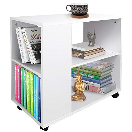 BAKAJI Niedriges Bücherregal mit 5 Ablagen mit Rollen aus Melaminholz, Seitentisch, modernes Design für Wohnzimmer, Wohnzimmer, Haus oder Büro (weiß)