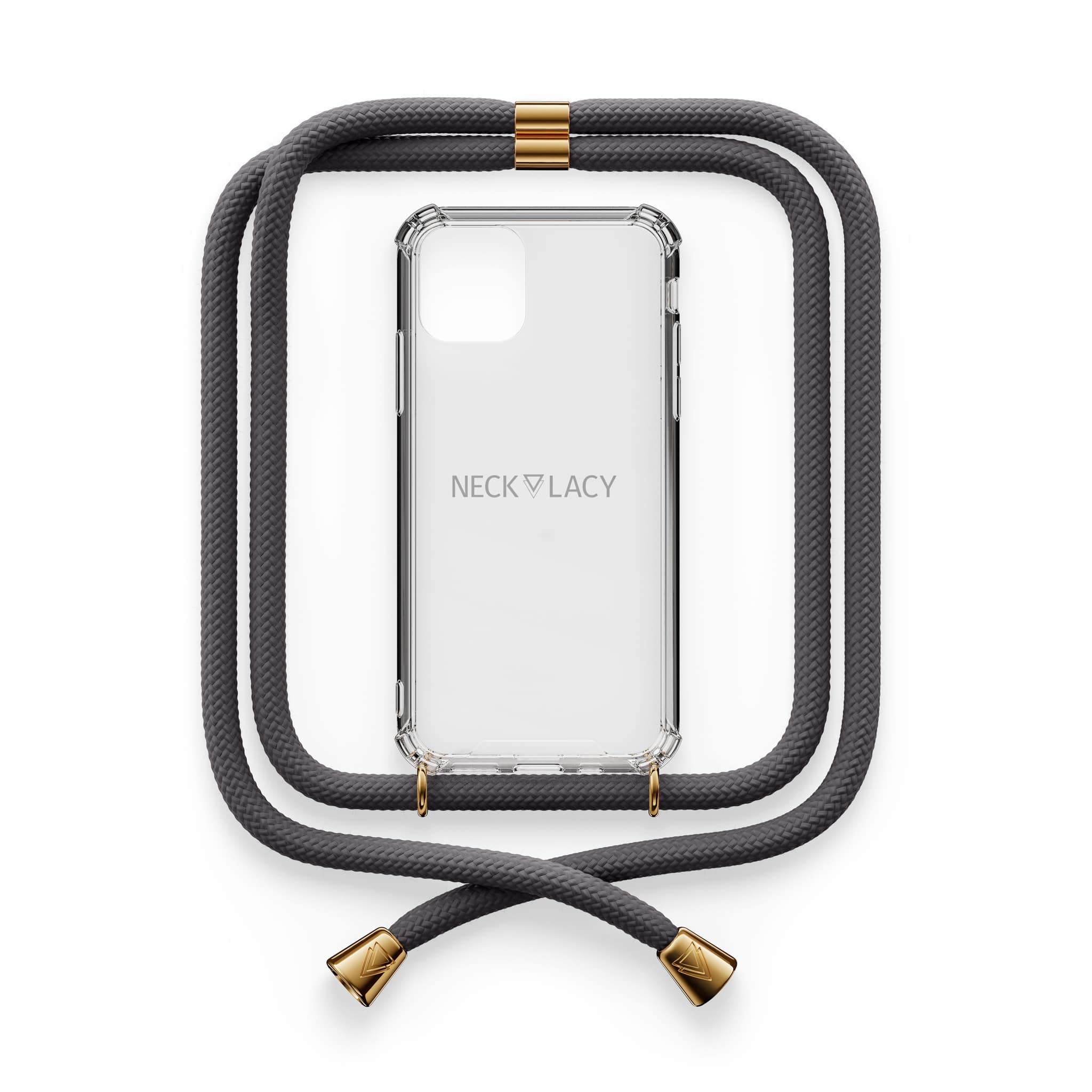 NECKLACY® - Die Premium Handykette für Apple iPhone 13 in Stormy Grey | transparente Handyhülle mit hochwertiger Kordel zum Umhängen - Smartphone Crossbody Case