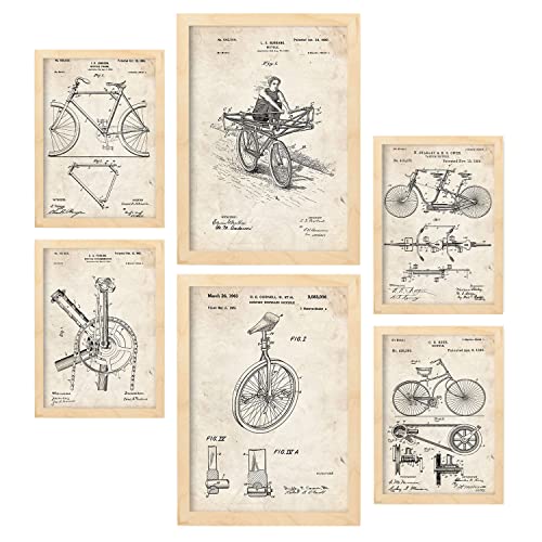 Nacnic Set von 6 Plakaten mit Fahrrad Patenten. Plakate mit Retro-Patentabbildungen. Inneneinrichtung im Vintage-Stil. Grösse A4 und A3. Mit Rahmen.