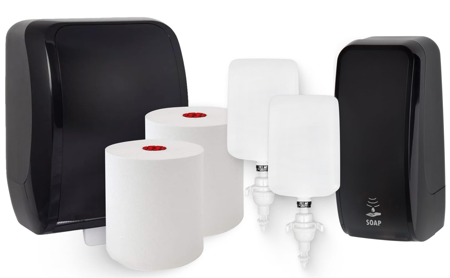 Blanc Hygienic Waschraum Set: Handtuchrollenspender AUTOCUT + 2 TAD Handtuchrollen + Schaumseifenspender Sensor + 2 Kartuschen Farbe Schwarz