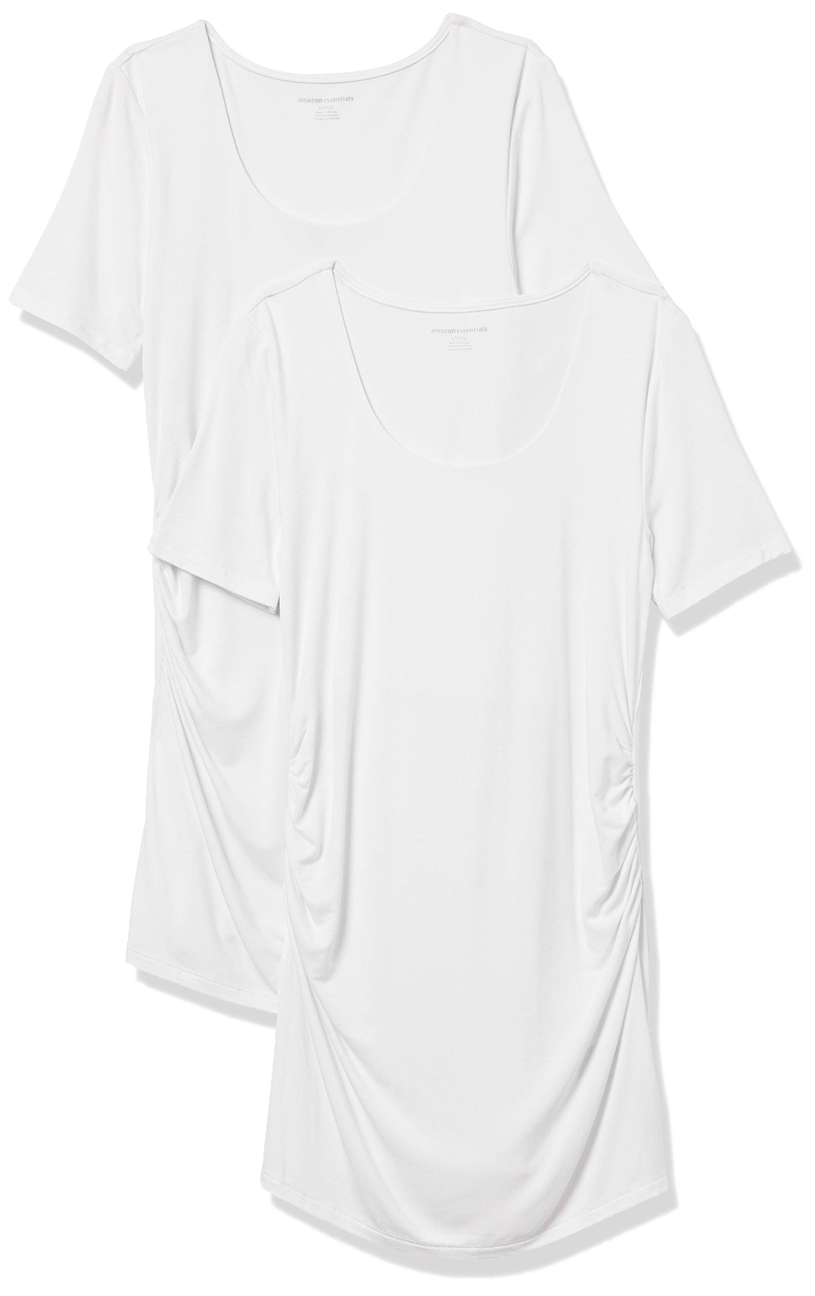 Amazon Essentials Damen Kurzärmeliges Umstands-T-Shirt mit U-Ausschnitt und Raffung, 2er-Pack, Weiß, XS