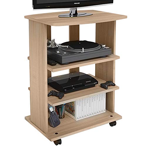 BAKAJI TV-Schrank aus MDF-Holz mit 3 Ablagen für Konsolen, DVD-Videospiele und 4 Rädern, Wagen für Fernseher, modernes Design, Größe 60 x 45 x 80,5 cm (Eiche)